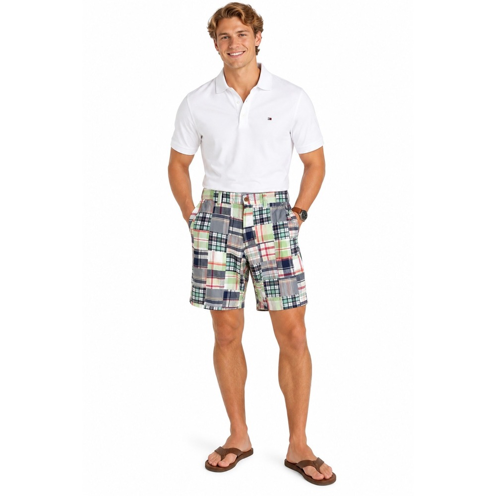 IZOD Shorts 32 Multicolor Saltwater Patchwork Plaid Flat Front Preppy Coastal